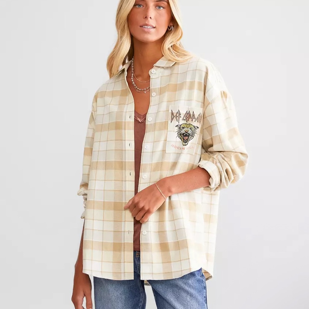 Def Leppard Plaid Button Down Shirt - Beige